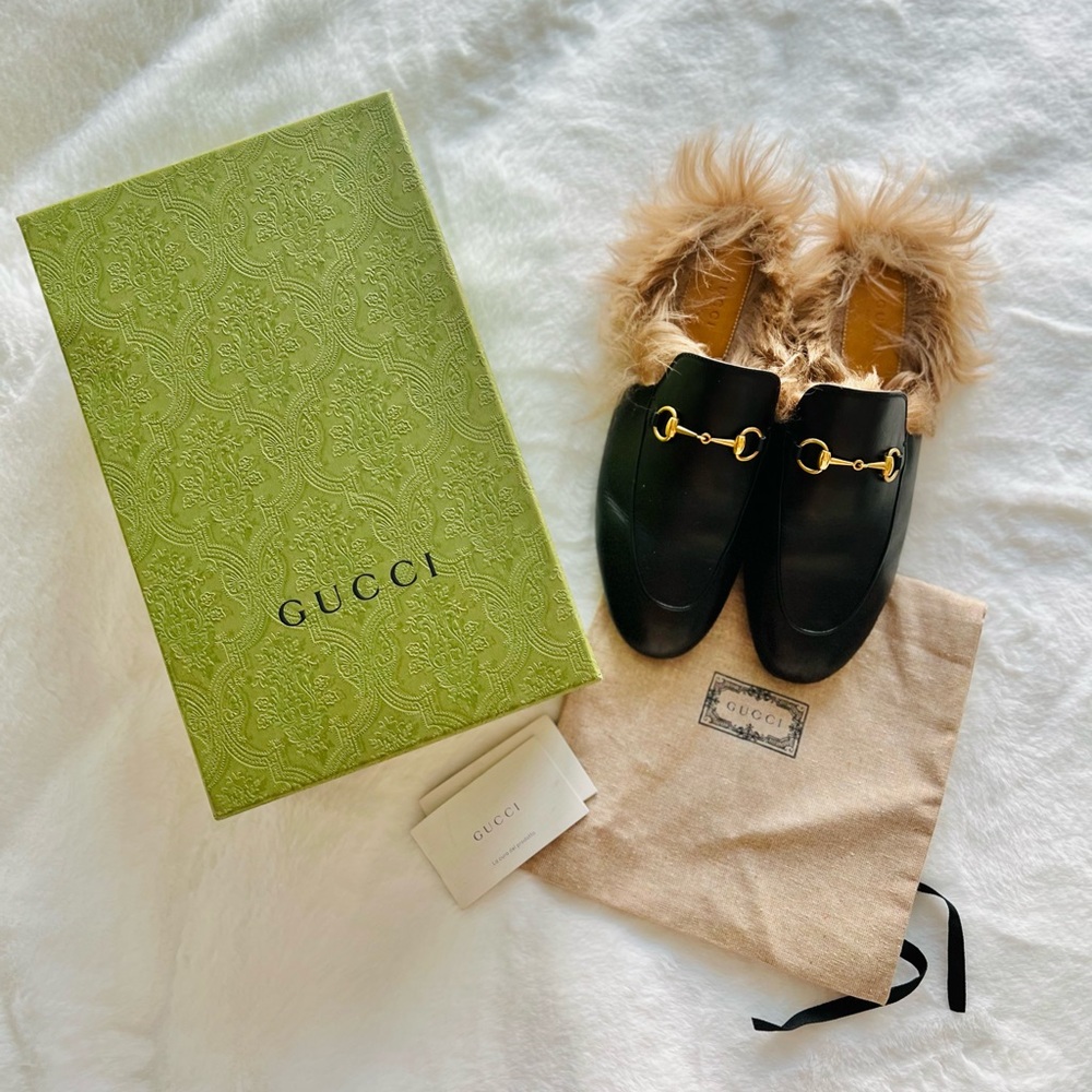 Authentic Gucci Princetown Leather Fur Mules